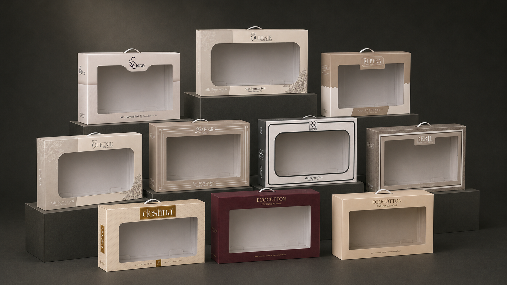 Collection of custom family bathrobe set boxes produced by İŞ Matbaacılık